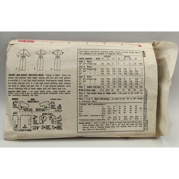 Simplicity 4022 Vintage 1960s Dress Sewing Pattern Misses Size 12 Bust 32 - Picture 2 of 3